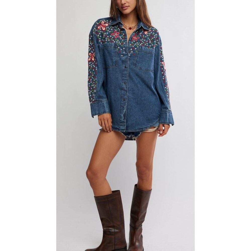 FREE PEOPLE Rainbow Embroidered Denim Shirt / Rinse Wash - Picture 5 of 6
